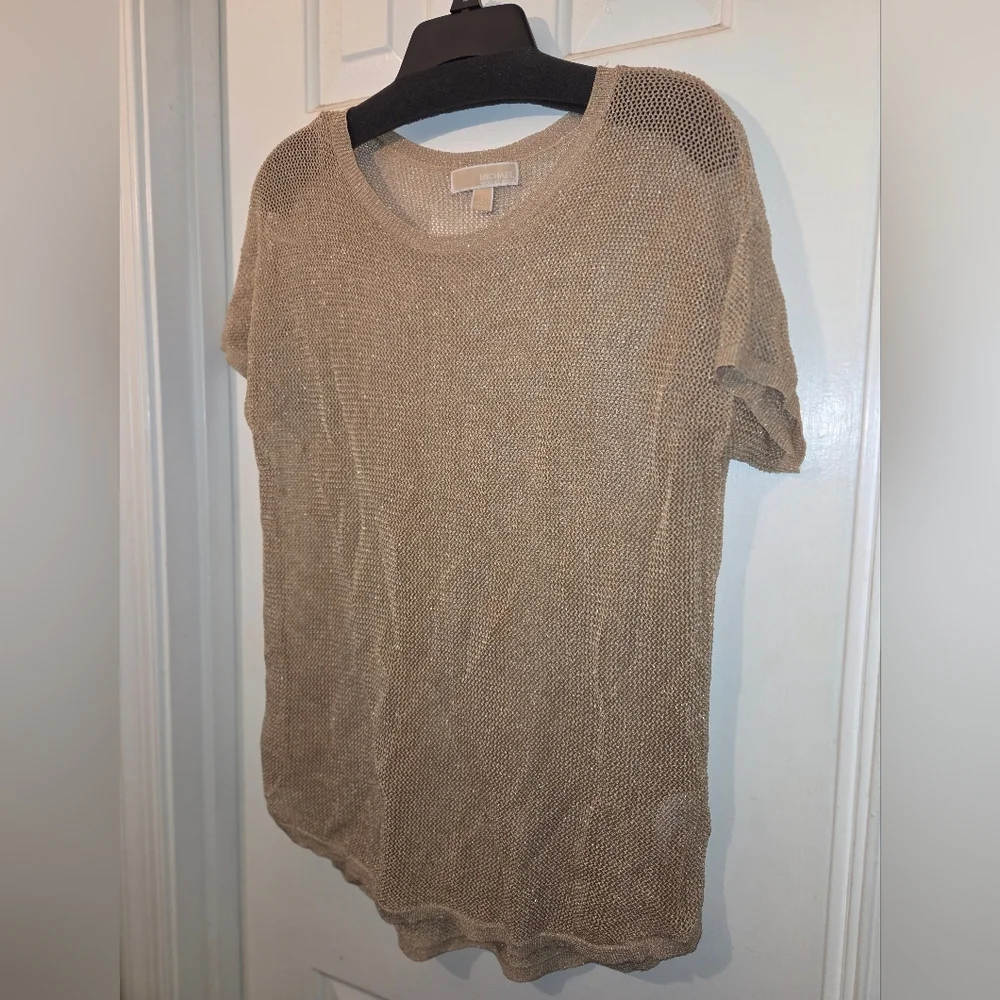 MICHAEL Michael Kors Gold Mesh Metallic Short Sleeve Top/Shirt.  Size L. - Picture 5 of 14